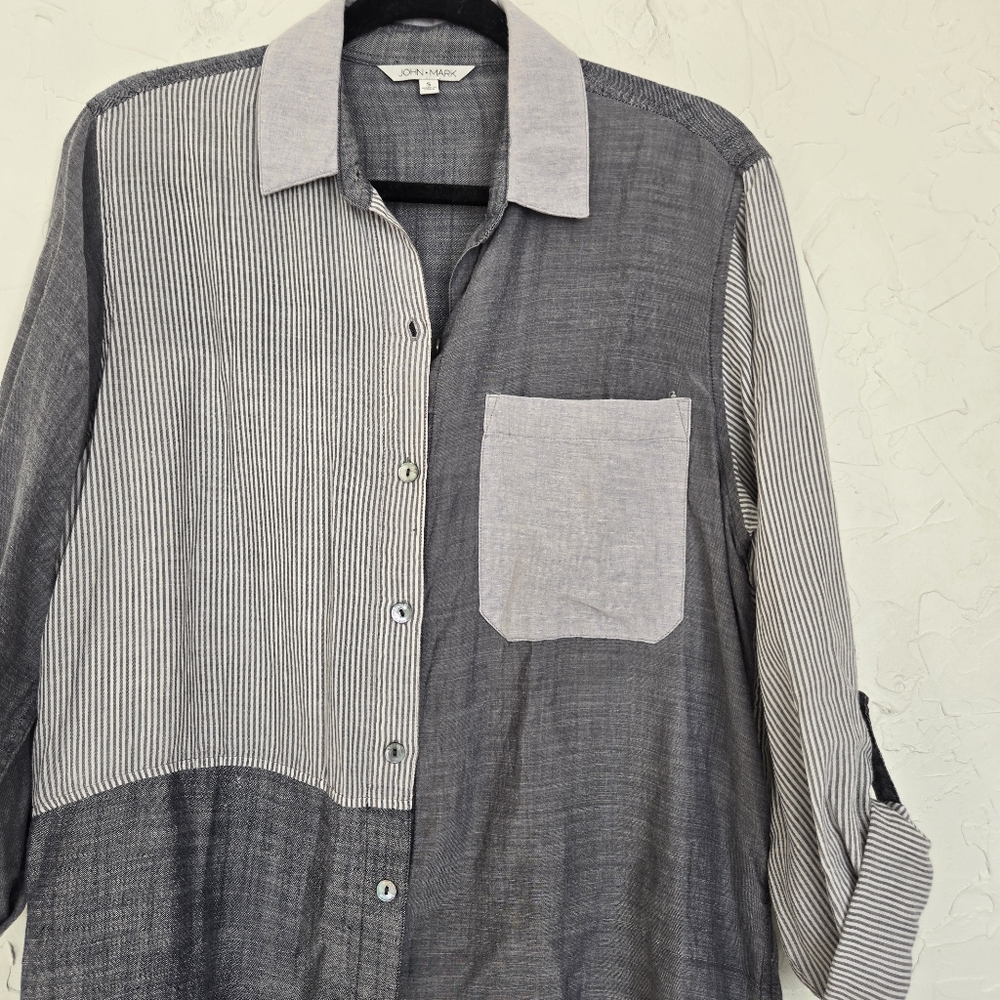 John Mark Patchwork Button Detail Oversized Gray … - image 2